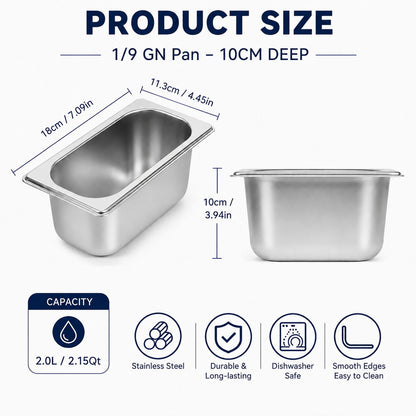 Commercial Stainless Steel GN 1/9 100mm Deep Gastronorm Bain Marie Buffet Steam Table Food Pan