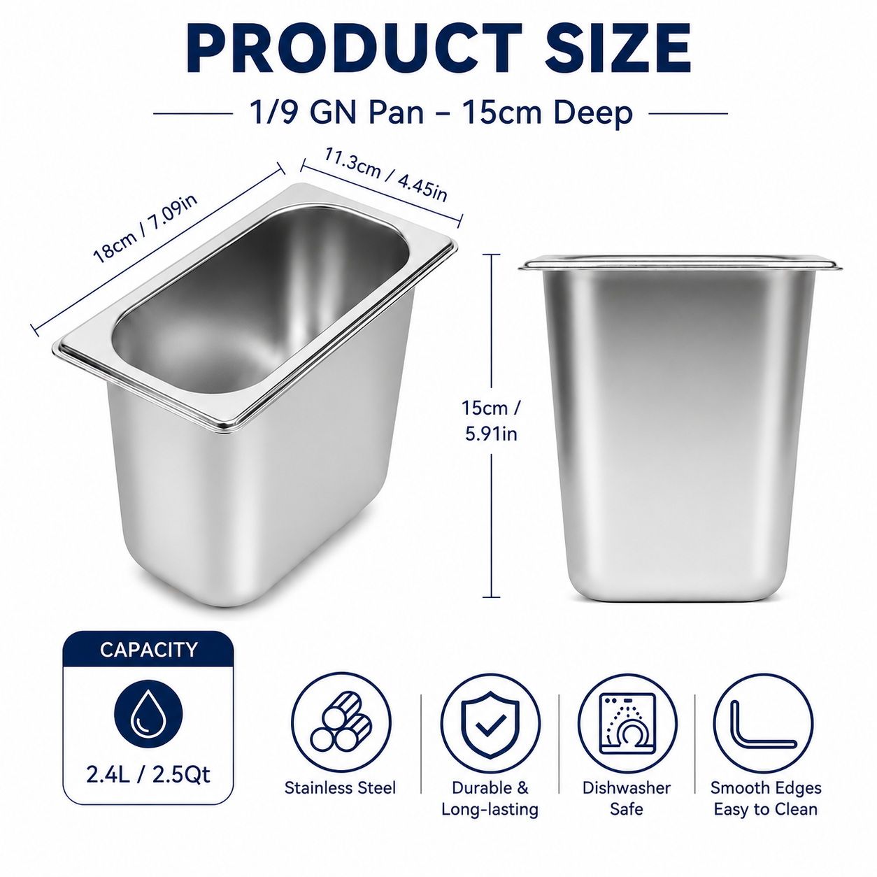 Commercial Stainless Steel GN 1/9 150mm Deep Gastronorm Bain Marie Buffet Steam Table Food Pan with Lid