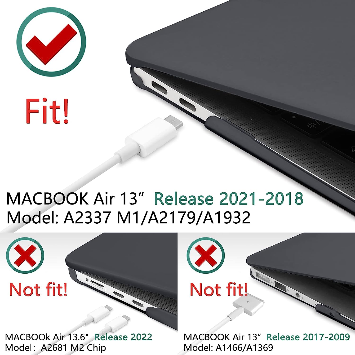 MacBook Air 13 Inch Case 2020 2019 2018, A1932, A2179,A2337 Shell Case Keyboard Cover Black V324-A1932-M-BLACK