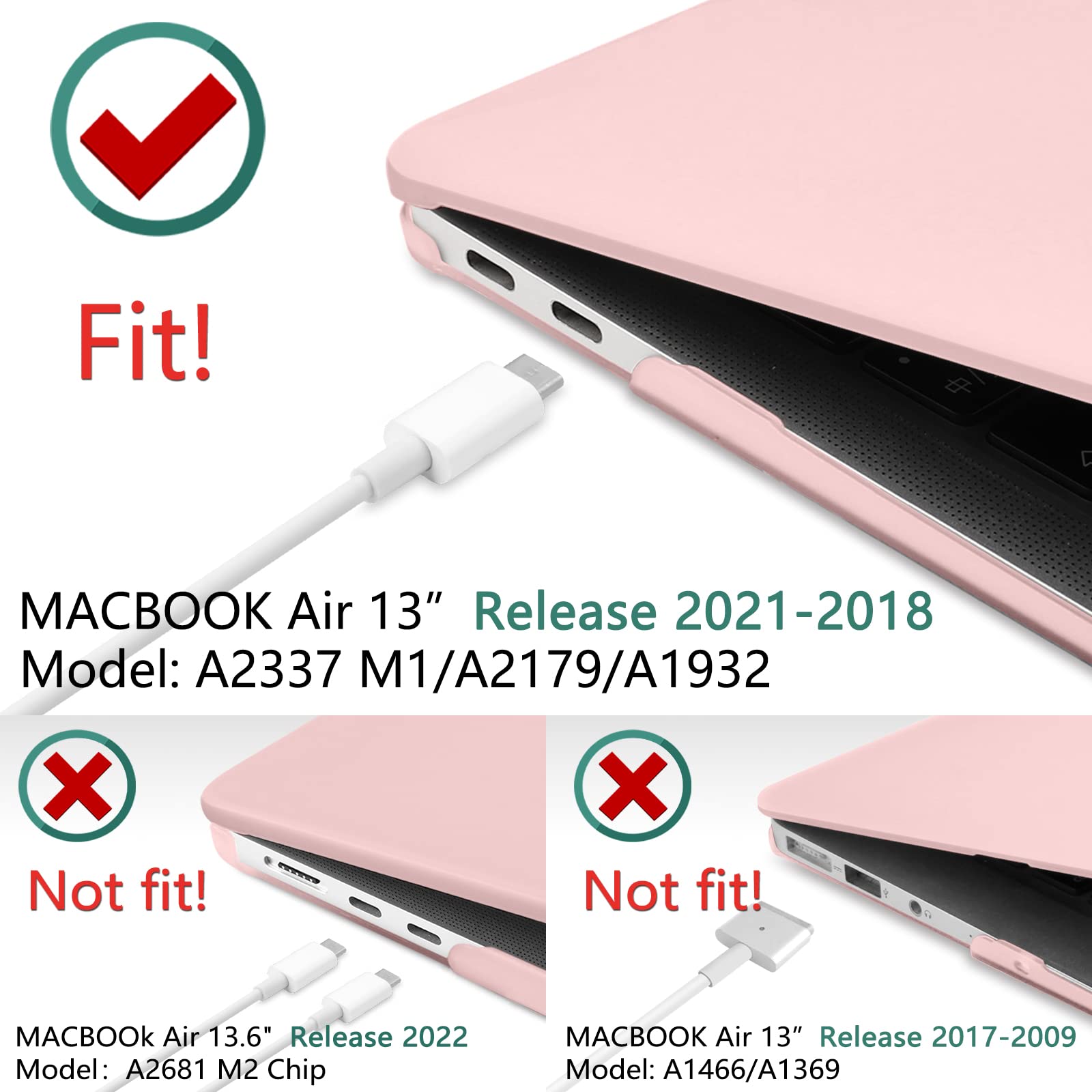 Suitable for MacBook Air 13 Inch Case 2022 2021 2020 2019 2018, A1932, A2179, A2337 Shell Case Keyboard Cover V324-A1932-M-BPINK