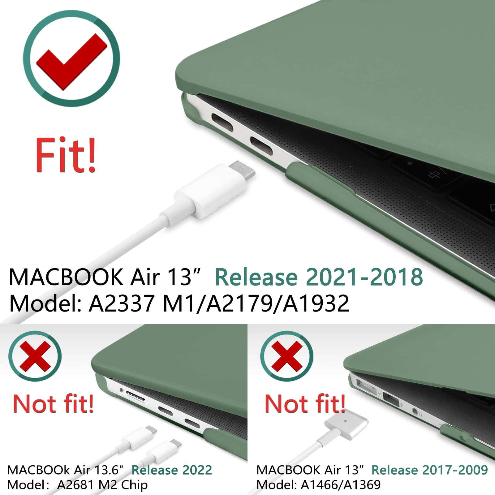 Suitable for MacBook Air 13 Inch Case 2022 2021 2020 2019 2018, A1932, A2179, A2337 Shell Case Keyboard Cover V324-A1932-M-DGREEN