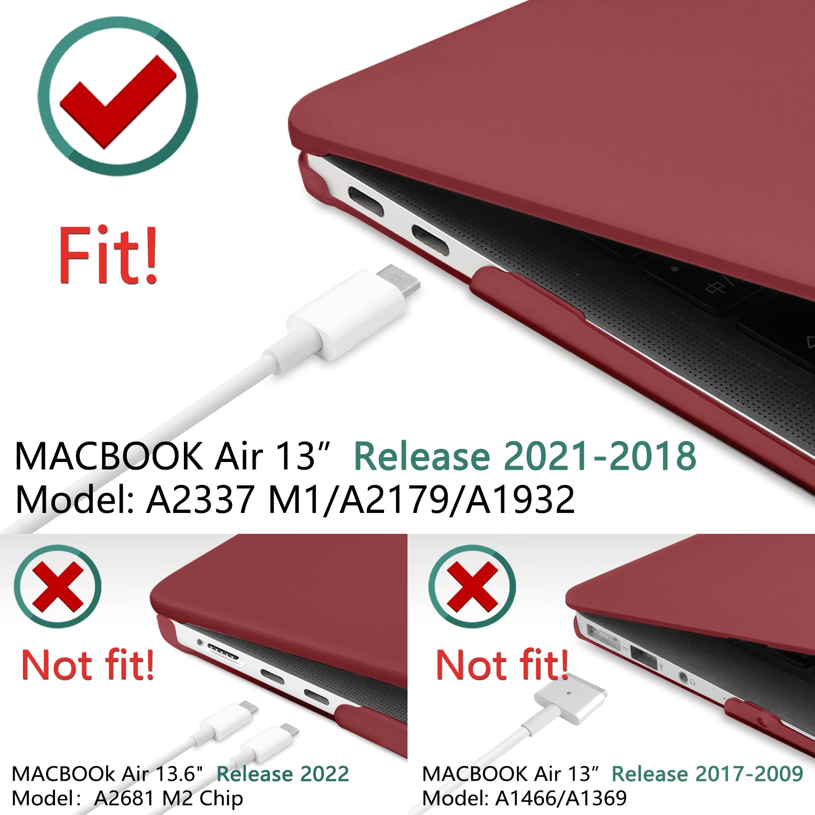 MacBook Air 13 Inch Case 2020 2019 2018, A1932, A2179,A2337 Shell Case Keyboard Cover Wine Red V324-A1932-M-WR