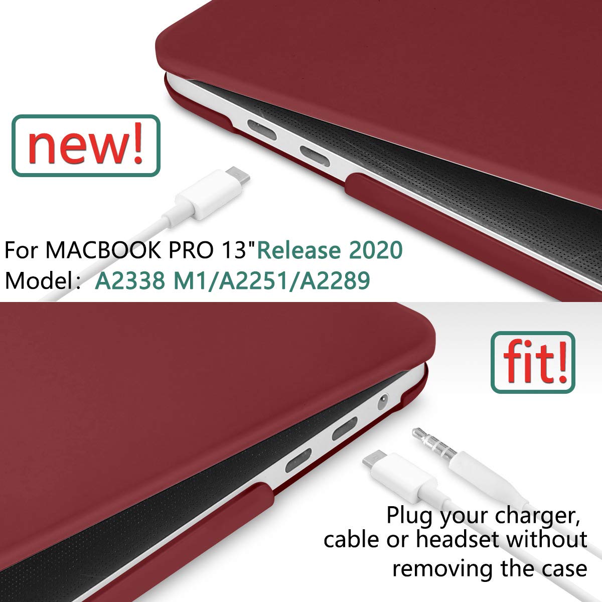 Wine Red MacBook Pro 13 Inch Case 2016-2023 M1 M2 A2338 A2289 A2251 A2159 Hard Shell Case Keyboard Cover V324-A2251-M-WR