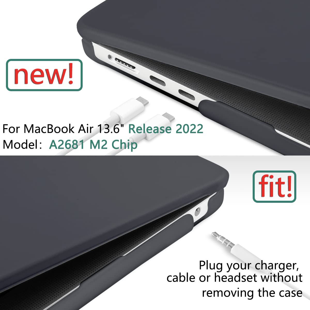 Suitable for 2023 2022 MacBook Air 13 inch case M2 Model A2681 Hard Shell Case Keyboard Cover Black V324-A2681-M-BLACK
