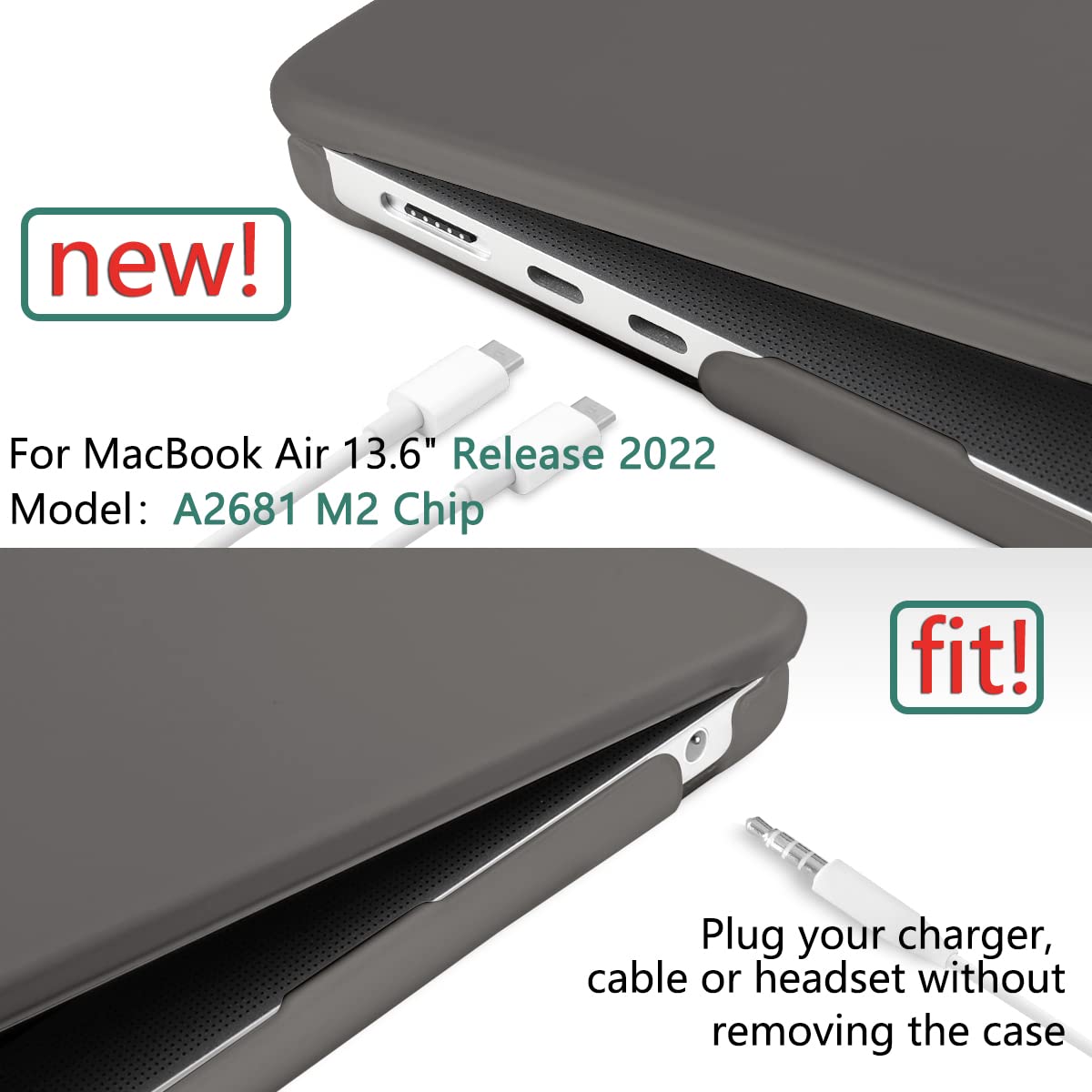 Suitable for 2023 2022 MacBook Air 13 inch case M2 Model A2681 Hard Shell Case Keyboard Cover Grey V324-A2681-M-GREY