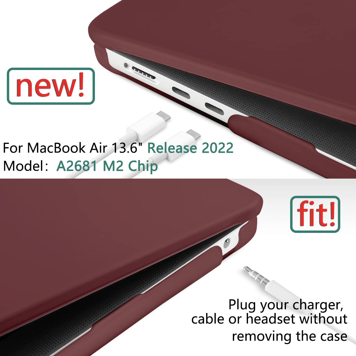 Suitable for 2023 2022 MacBook Air 13 inch case M2 Model A2681 Hard Shell Case Keyboard Cover Wine Red V324-A2681-M-WR