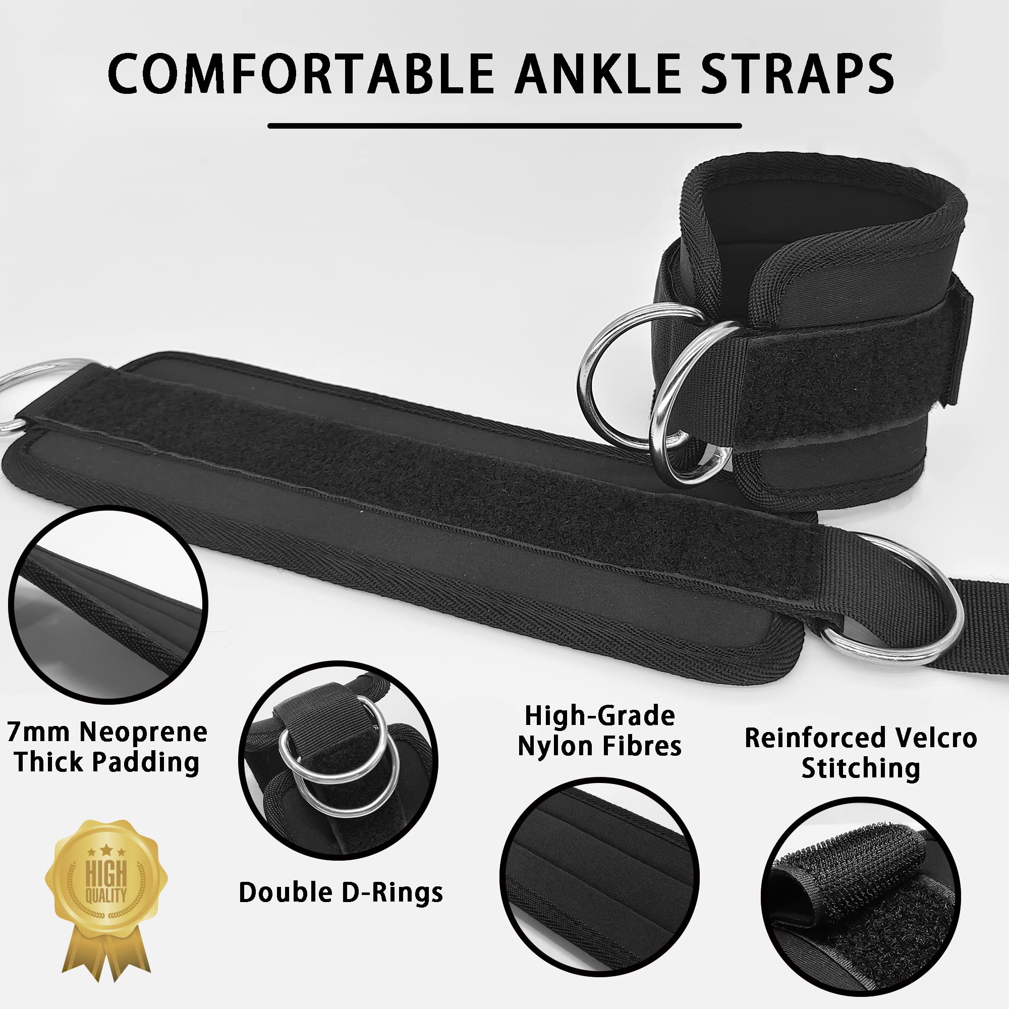 2x Adjustable Ankle Straps for Cable Machines D-Rings Gym Cuff Kickbacks Glute Workouts Leg Extensions Straps V324-ANKPRO-BK