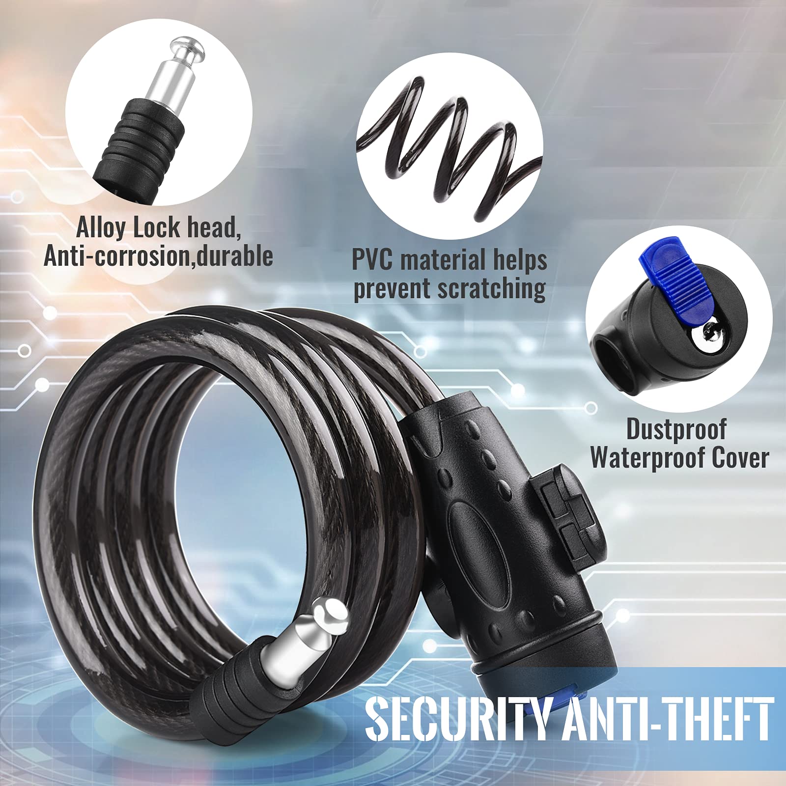 1.2m 2 Keys Bicycle Lock Bike Cable Locks Motorcycle Lock Mounting Bracket Scooter Lock V324-BKLOCK