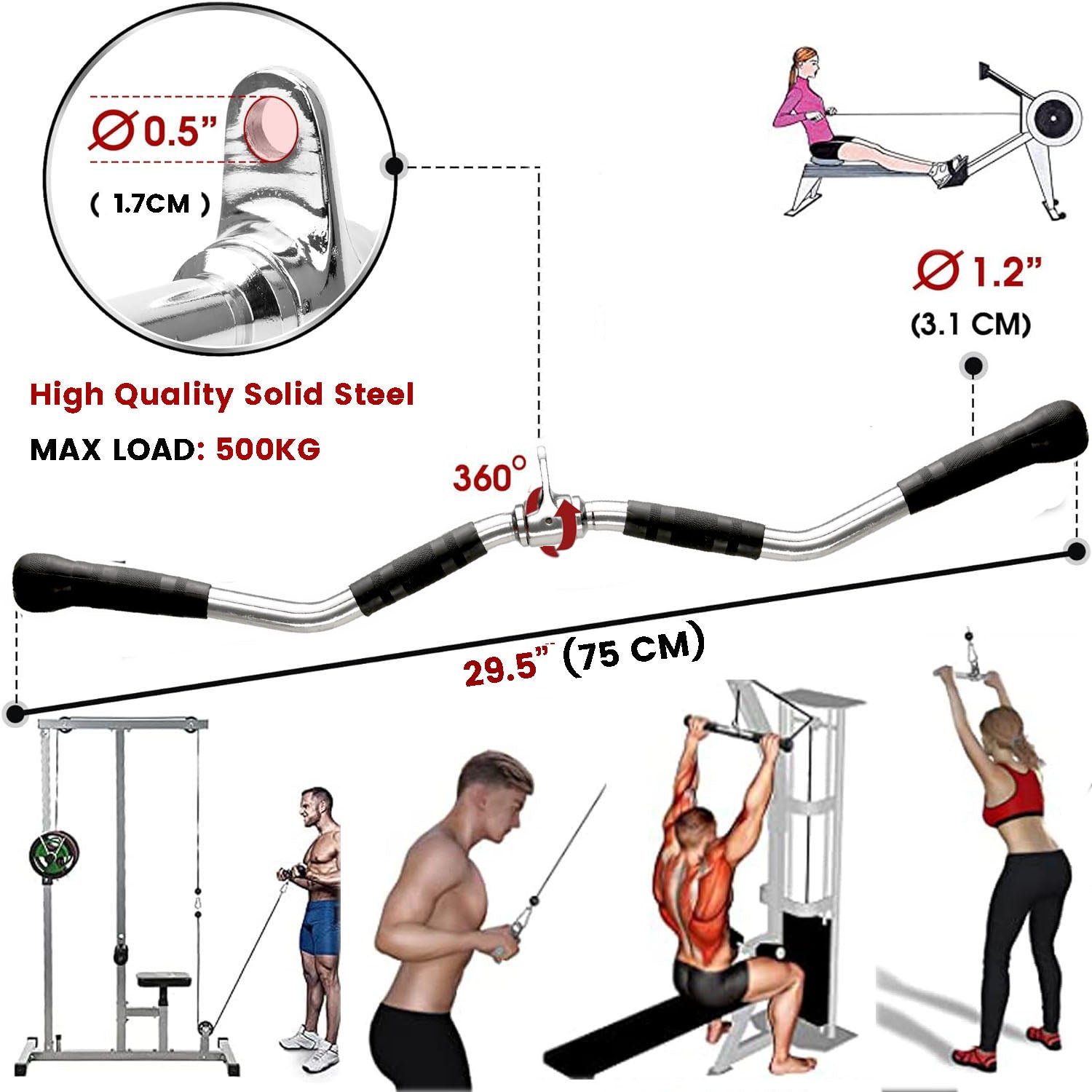 75cm Tricep Press Pulldown Bar Cable Machine Revolving LAT Pull down Bar Rotating Curl Bar V324-CABCROSS-CBAR75CM