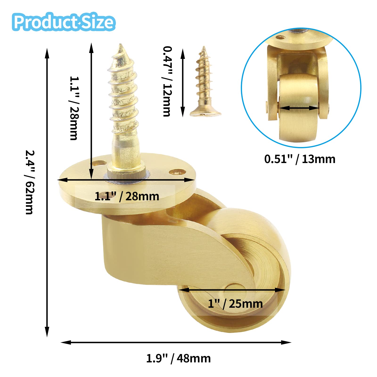 25mm Castor Brass Caster Wheel Swivel Vintage Chairs Cabinet Bed Furniture Wheels Brass V324-CASTER-22MM
