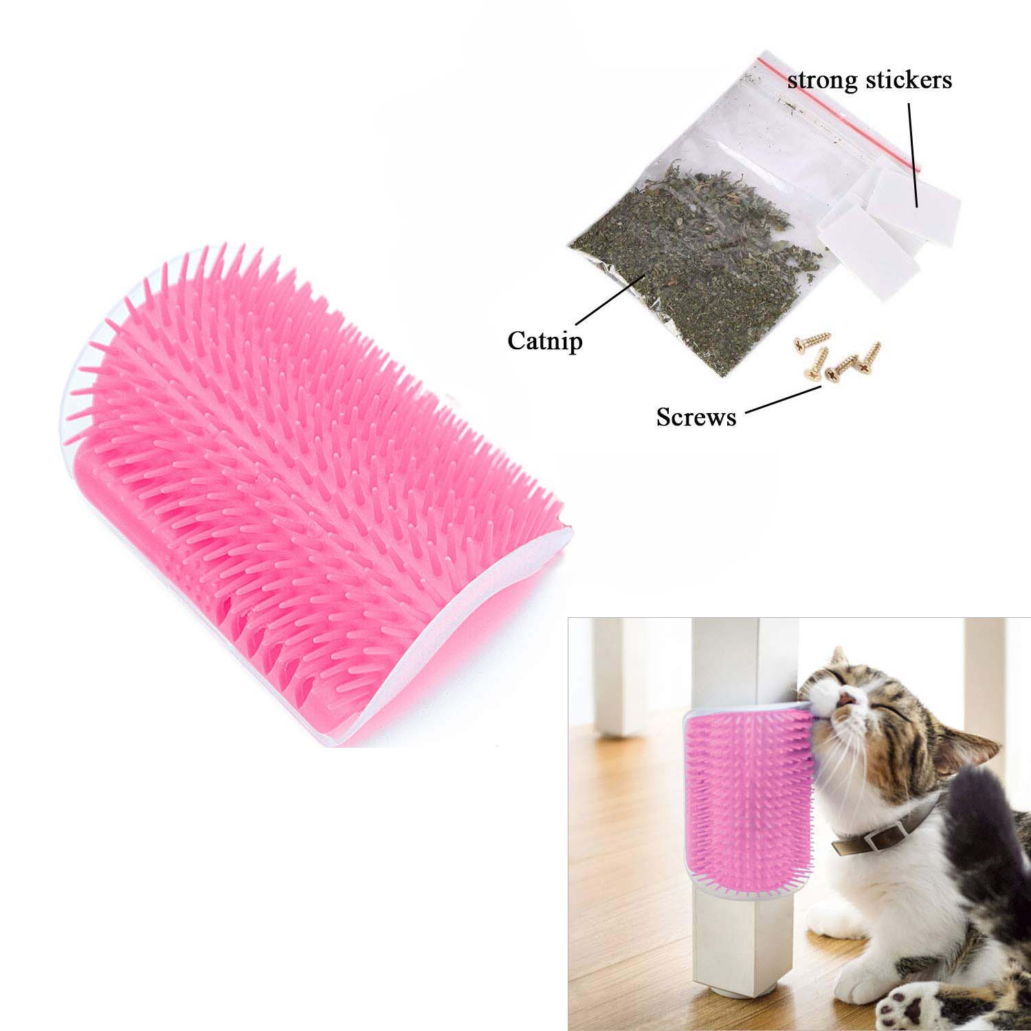 Cat Self Groomer Catnip Dog Cat Toy Corner Groomer Wall Corner Scratcher Comb Grooming Massage Brush Pink V324-CATWALLSCRA-PINK