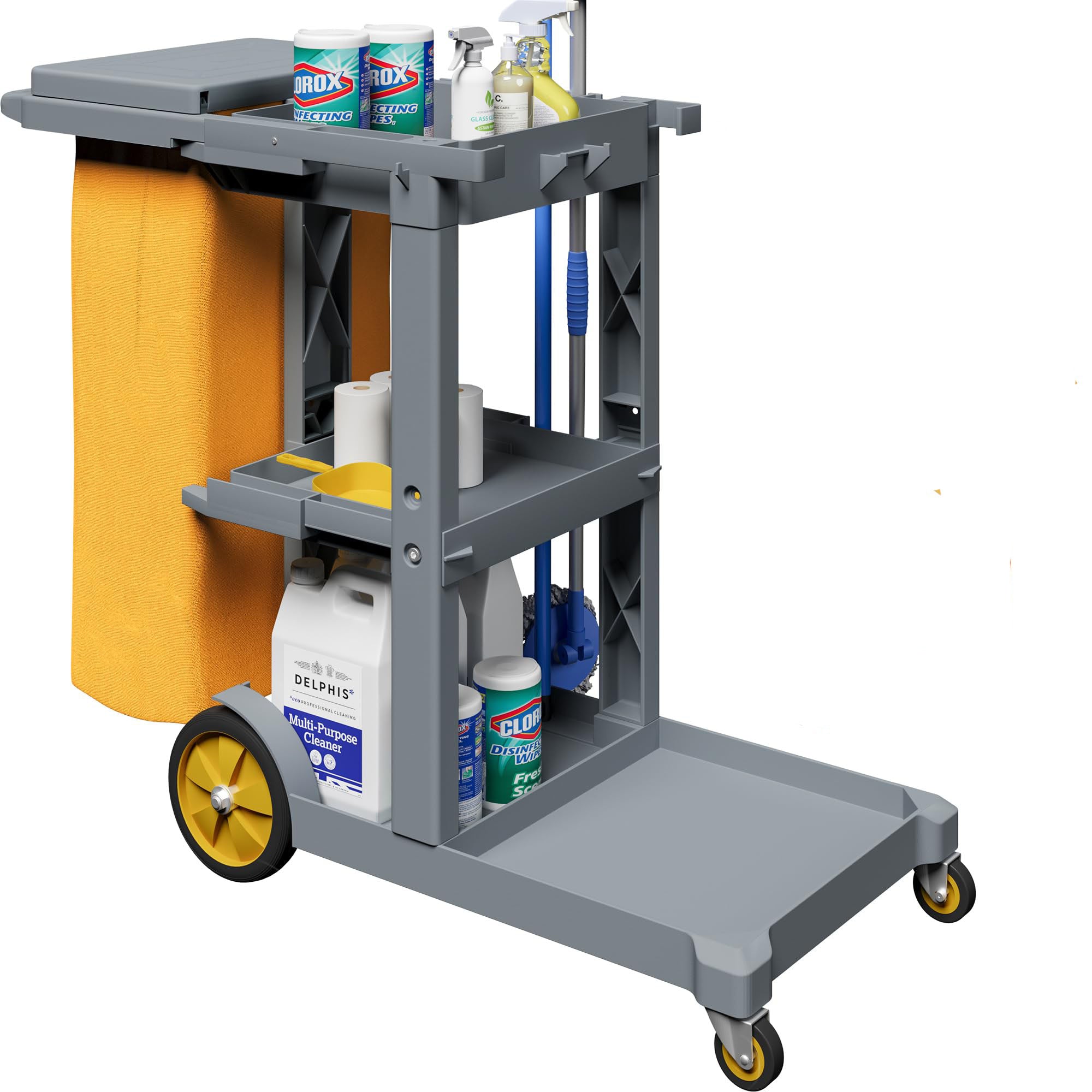 Commercial Hotel Restaurant Cleaning Cart 3-Shelf Commercial Janitorial Cart Housekeeping Cart V324-CLEANCART-GREY