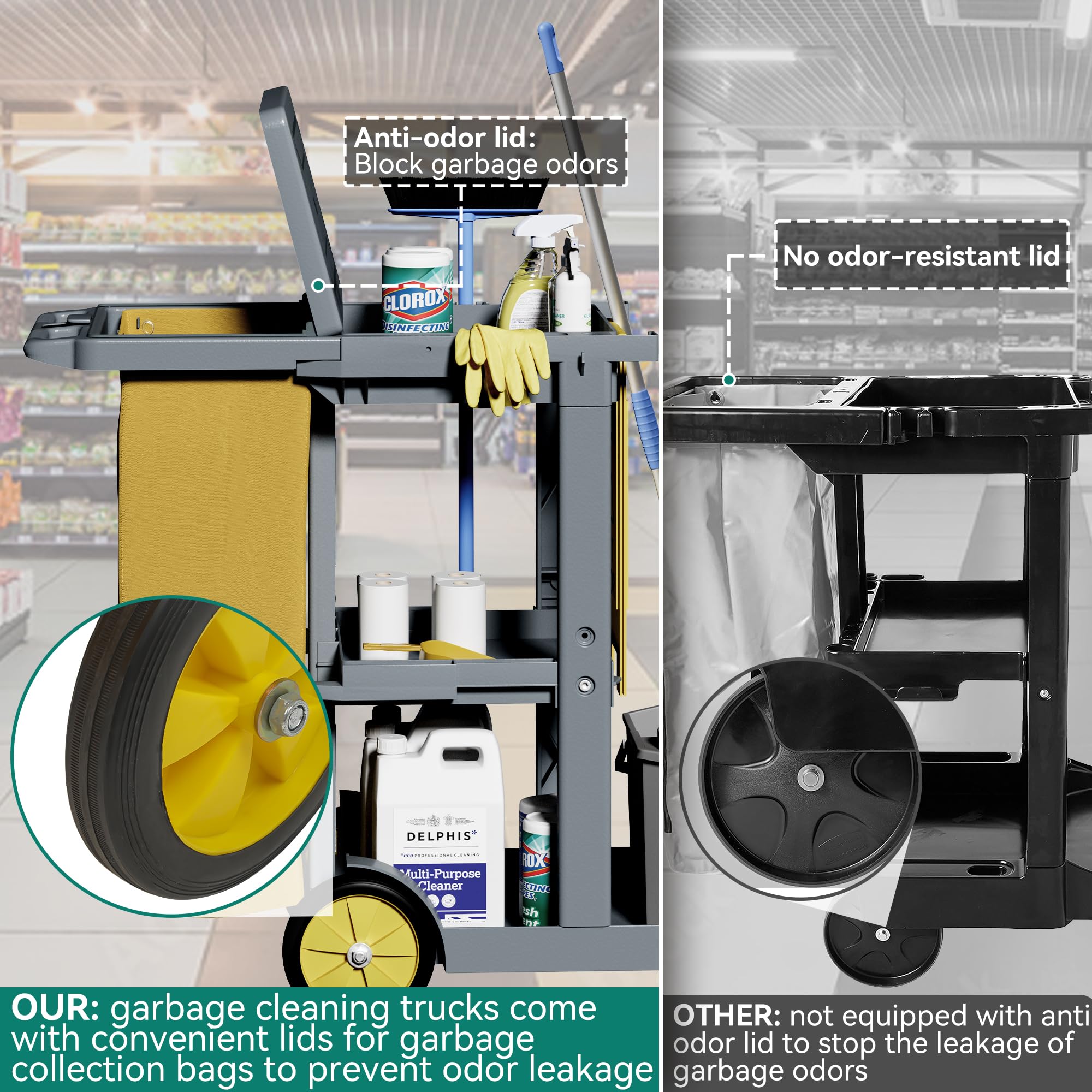 Commercial Hotel Restaurant Cleaning Cart 3-Shelf Commercial Janitorial Cart Housekeeping Cart V324-CLEANCART-GREY