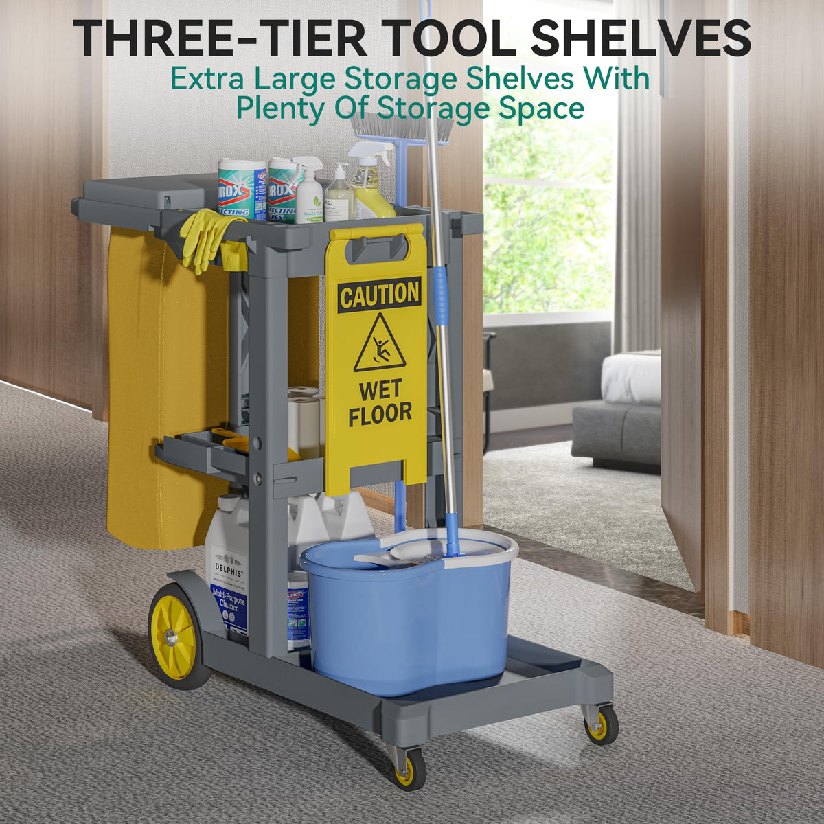 Commercial Hotel Restaurant Cleaning Cart 3-Shelf Commercial Janitorial Cart Housekeeping Cart V324-CLEANCART-GREY