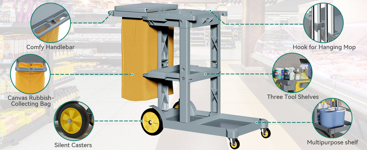 Commercial Hotel Restaurant Cleaning Cart 3-Shelf Commercial Janitorial Cart Housekeeping Cart V324-CLEANCART-GREY