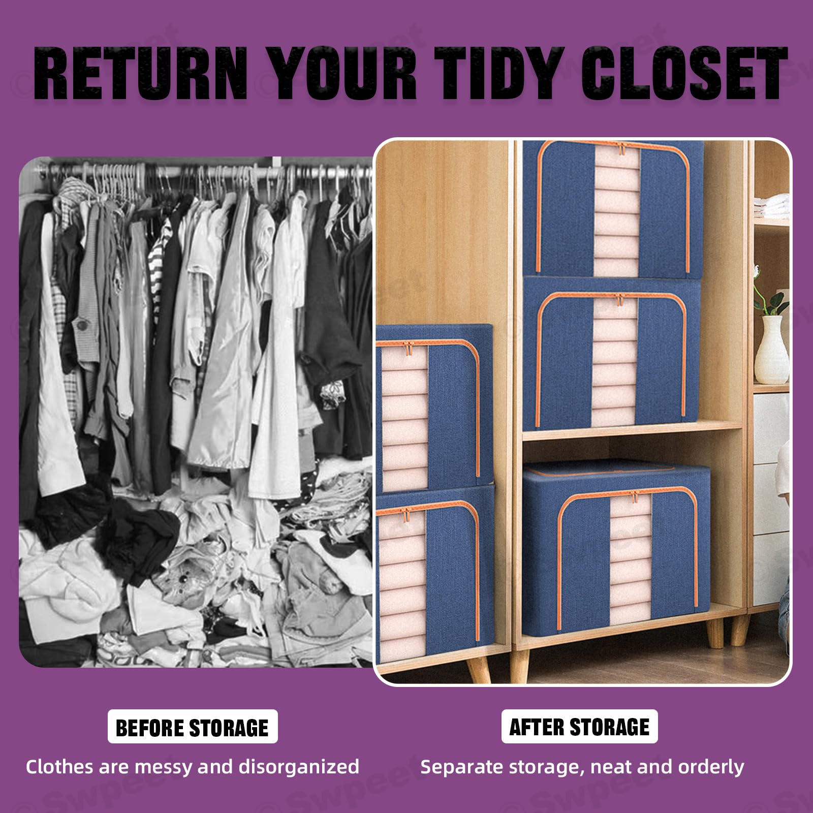 24L Cloth Storage Box Closet Organizer Storage Bags Clothes Storage Bags Wardrobe Organizer Idea Blue V324-CLOTHSTOR-BLUE-24L