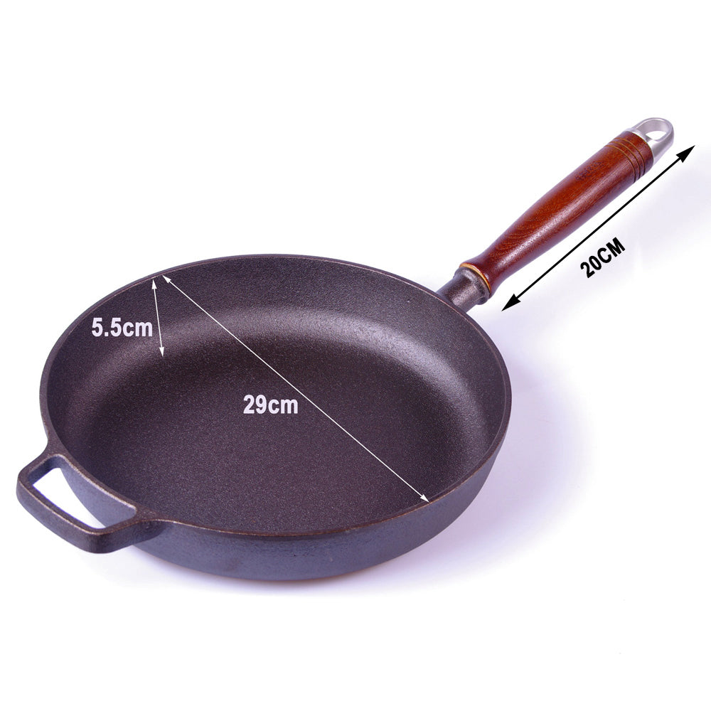 Pre-Seasoned 29cm Cast Iron Fry Pan Cookware Heat-Resistant Wooden Handle V324-CRPAN29CM