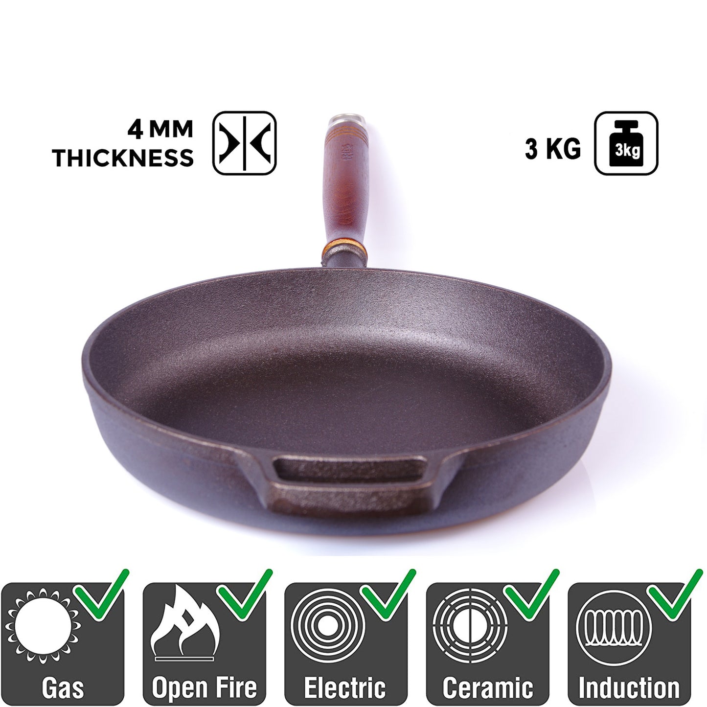 Pre-Seasoned 29cm Cast Iron Fry Pan Cookware Heat-Resistant Wooden Handle V324-CRPAN29CM