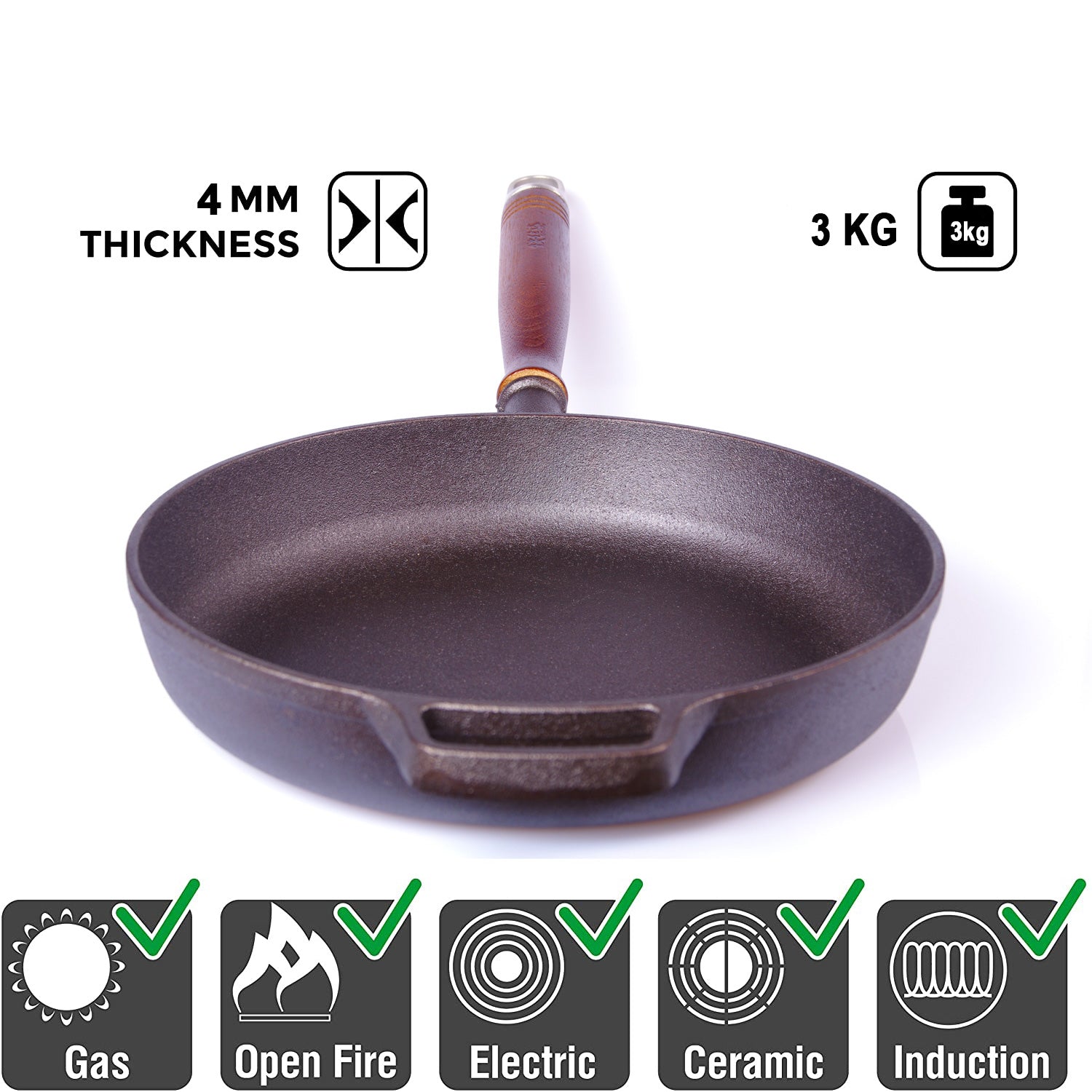 Pre-Seasoned 29cm Cast Iron Fry Pan Cookware Heat-Resistant Wooden Handle V324-CRPAN29CM