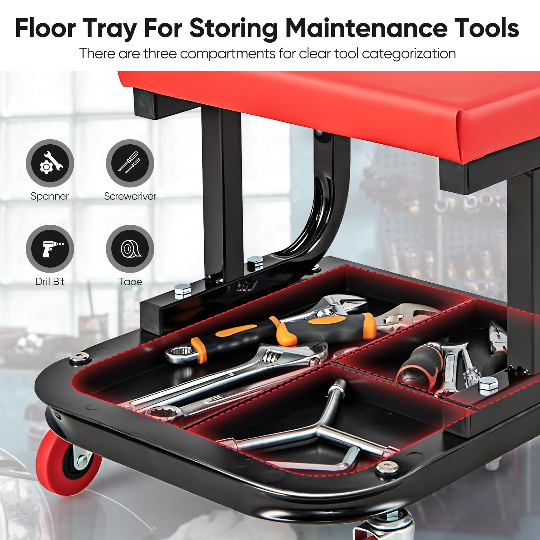 Garage Roller Seat Car Creeper Seat with Tool Tray Storage for Garages Mechanic Roller Seat V324-CRROLLSTOOL-RD