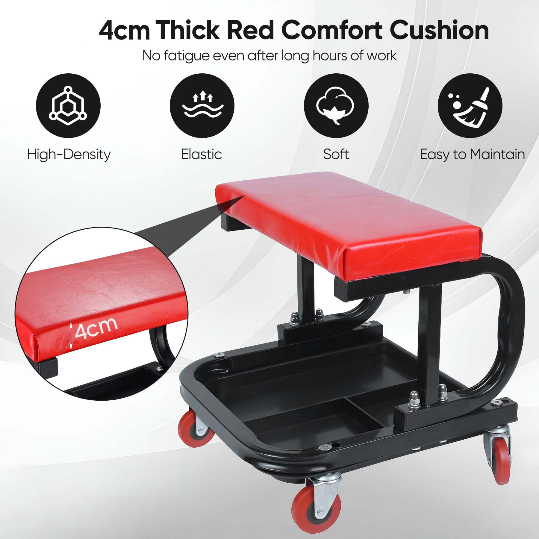 Garage Roller Seat Car Creeper Seat with Tool Tray Storage for Garages Mechanic Roller Seat V324-CRROLLSTOOL-RD