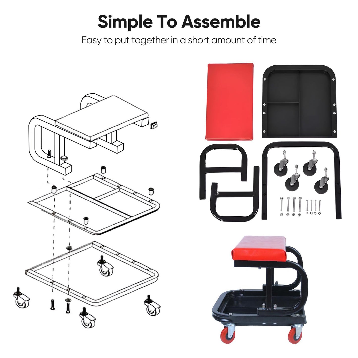 Garage Roller Seat Car Creeper Seat with Tool Tray Storage for Garages Mechanic Roller Seat V324-CRROLLSTOOL-RD