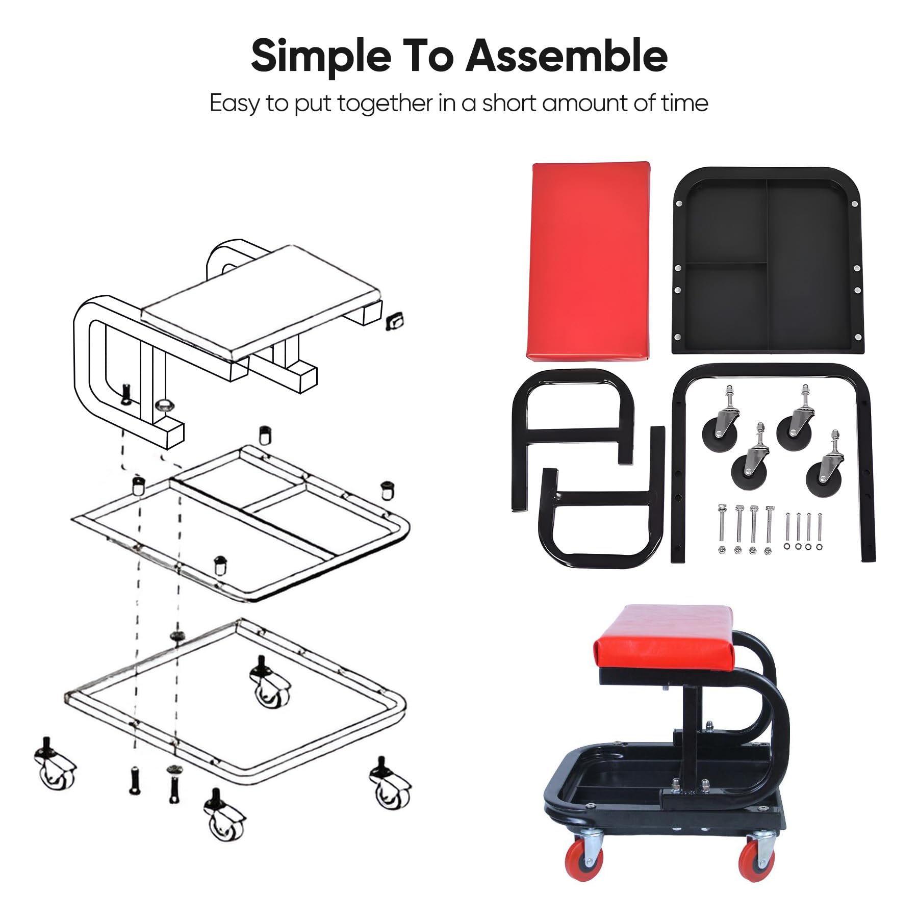 Garage Roller Seat Car Creeper Seat with Tool Tray Storage for Garages Mechanic Roller Seat V324-CRROLLSTOOL-RD