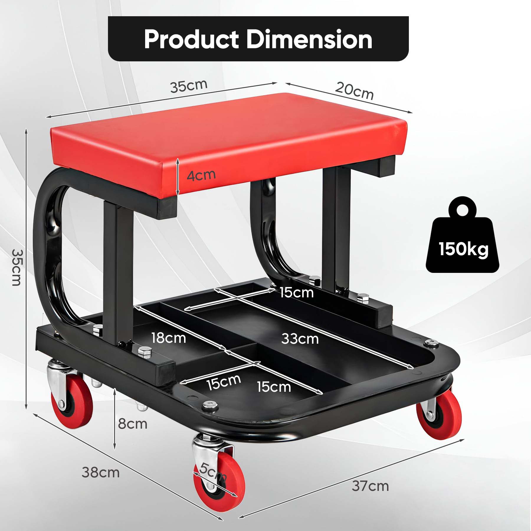 Garage Roller Seat Car Creeper Seat with Tool Tray Storage for Garages Mechanic Roller Seat V324-CRROLLSTOOL-RD