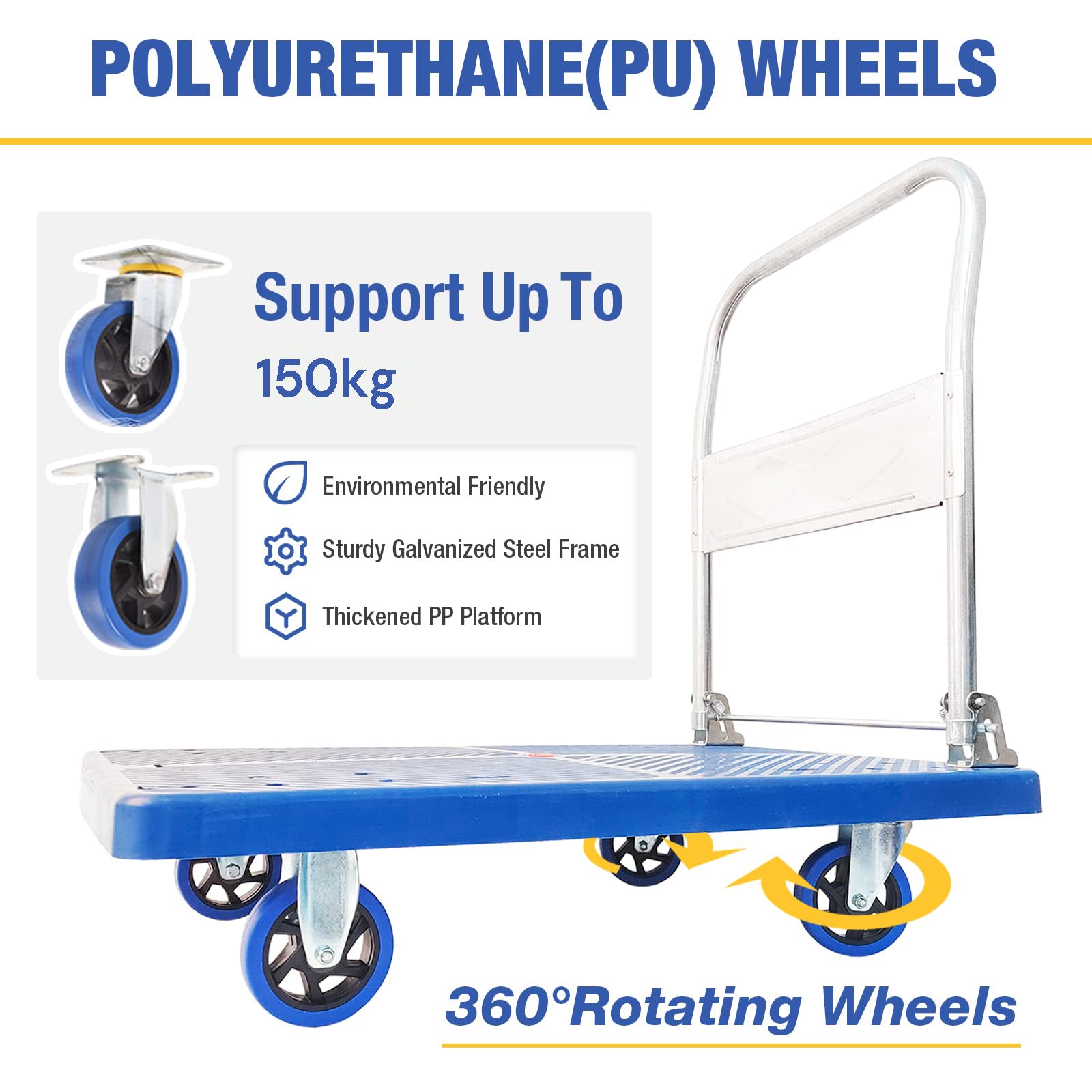 150kg Foldable Warehouse Platform Trolley Truck Dolly Platform Cart Swivel Wheels Moving Cart Flatbed V324-CS-BN7007-150