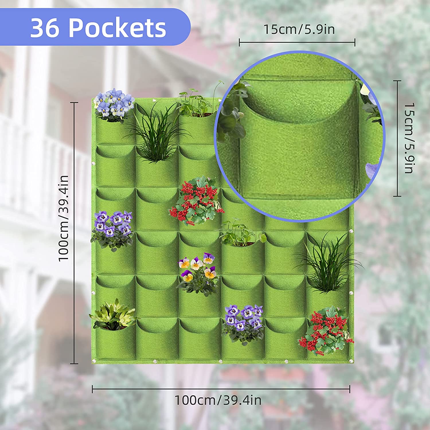 36 Pockets Wall Hanging Planter Planting Grow Bag Vertical Garden Vegetable Flower Green V324-CS-GD36POGR