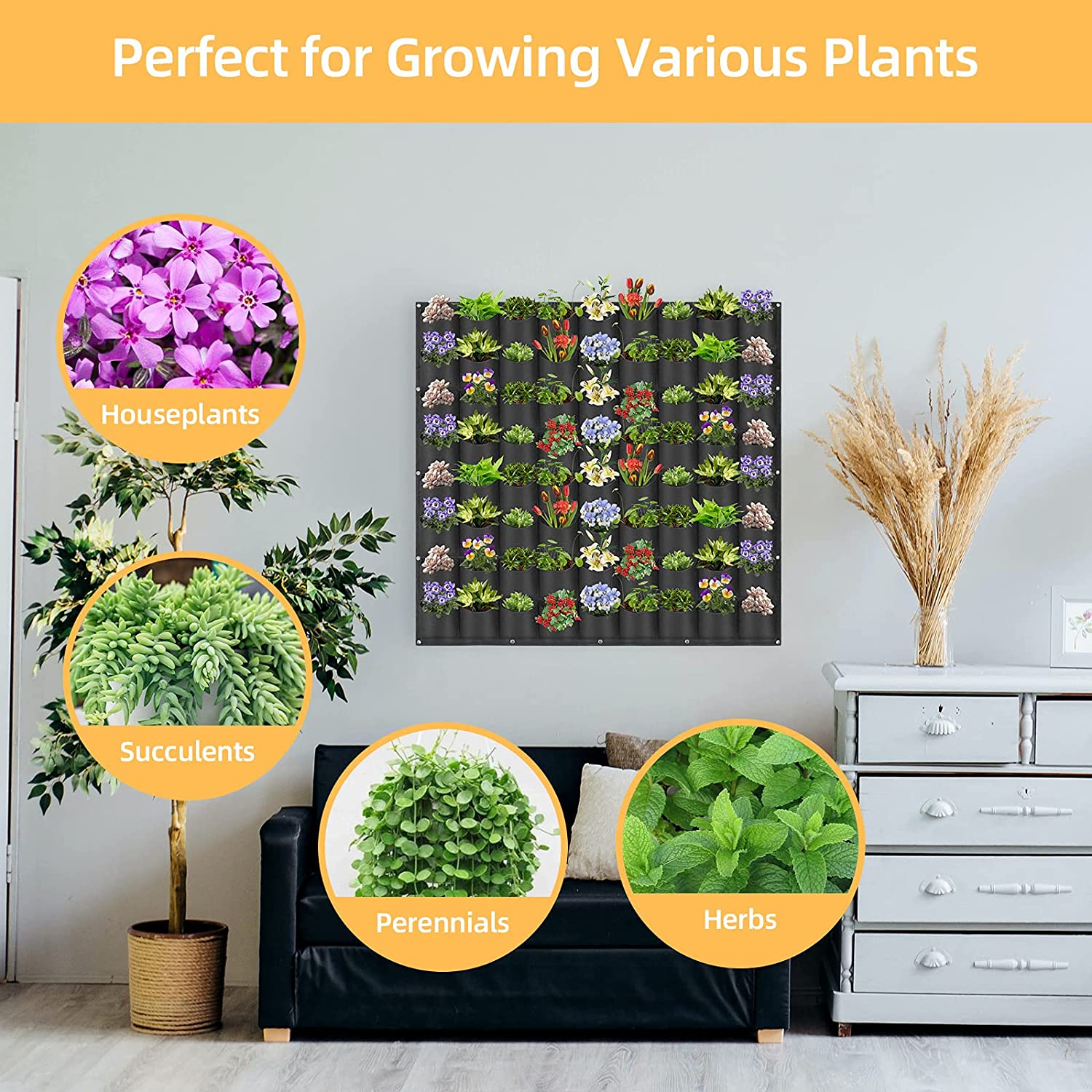72 Pockets Wall Hanging Planter Planting Grow Bag Vertical Garden Vegetable Flower Black V324-CS-GD72POBK