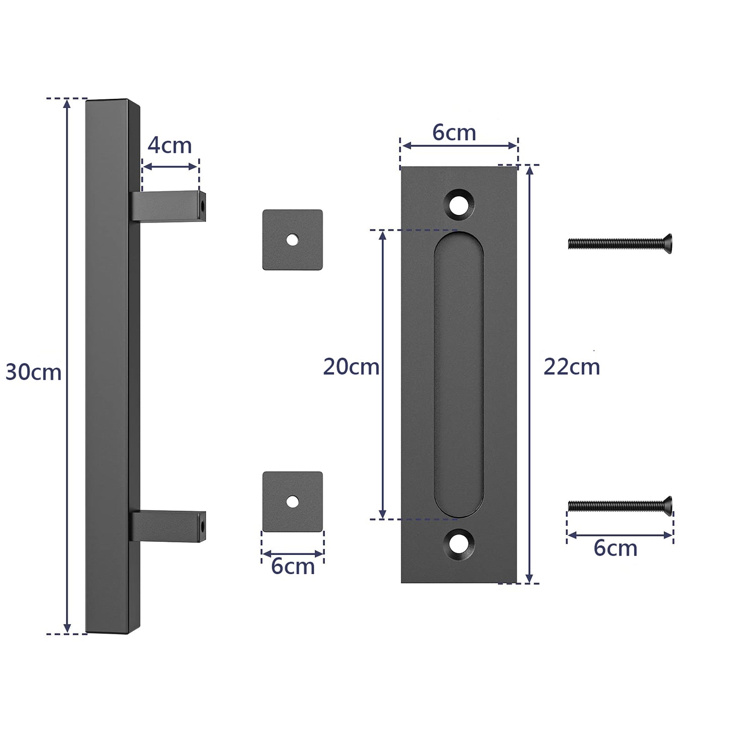 30cm Pull and Flush Barn Door Handle Square Handles set of Frosted Black Surface Square V324-CS-HANDLESQ