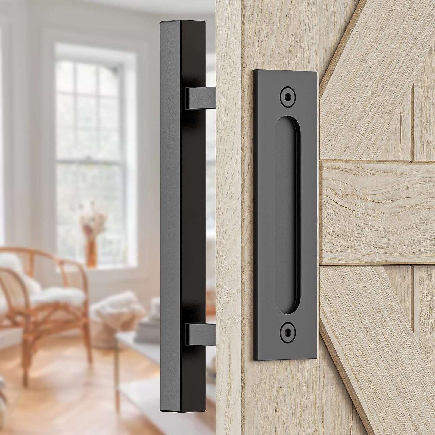 30cm Pull and Flush Barn Door Handle Square Handles set of Frosted Black Surface Square V324-CS-HANDLESQ