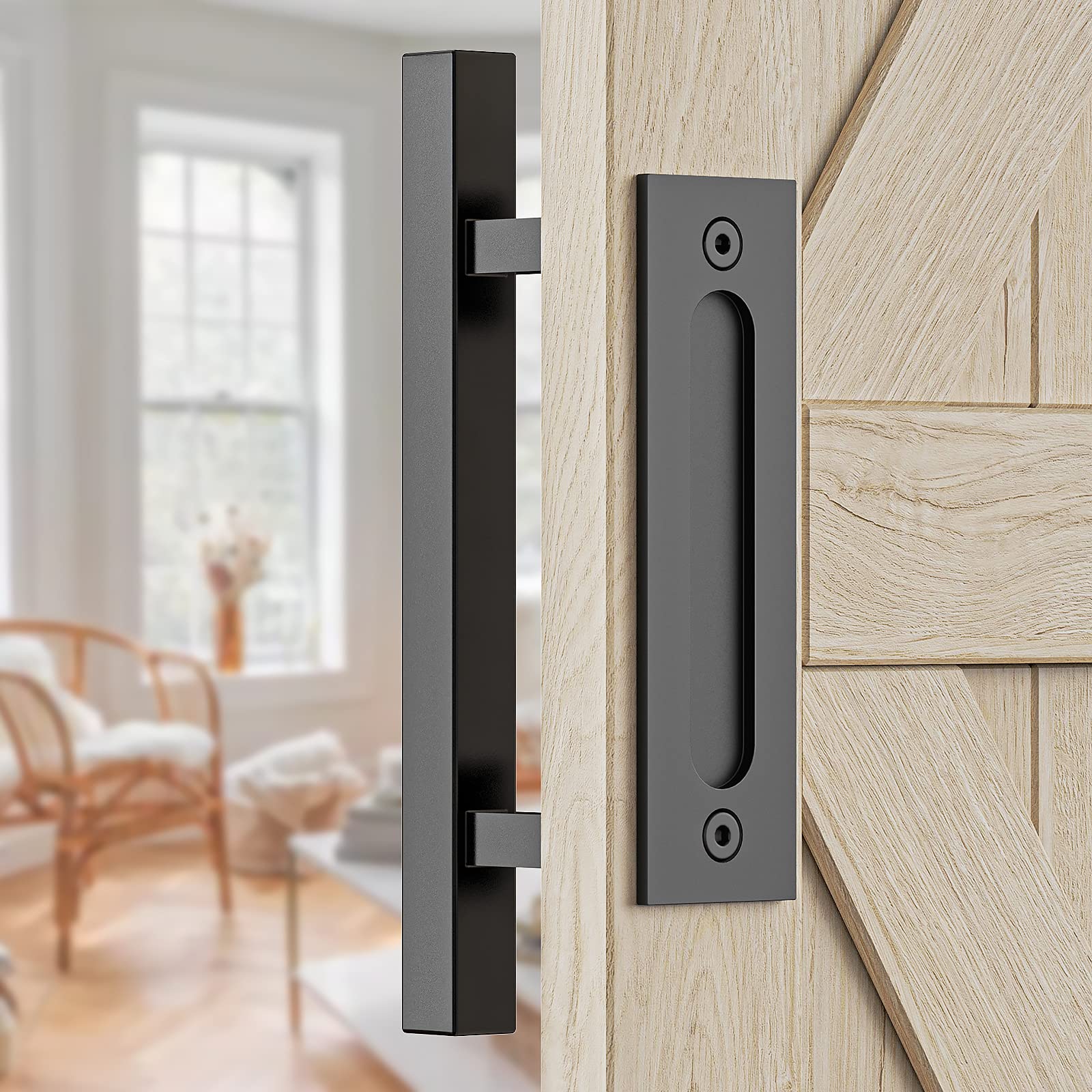 30cm Pull and Flush Barn Door Handle Square Handles set of Frosted Black Surface Square V324-CS-HANDLESQ