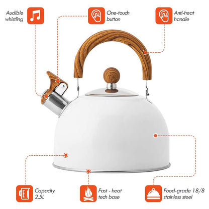 2.5 Liter Tea Whistling Kettle Stainless Steel Modern Whistling Tea Pot for Stovetop White V324-CS-HO-KE02025L-WH