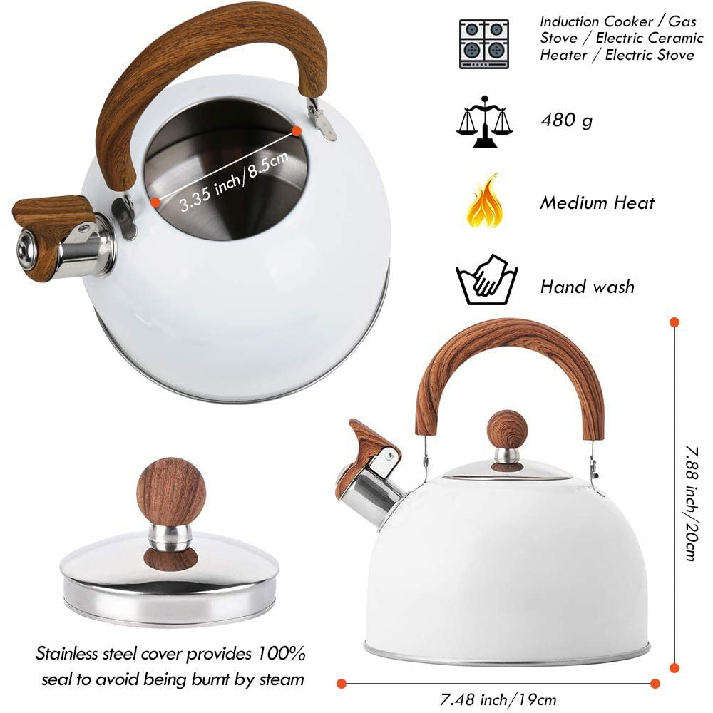 2.5 Liter Tea Whistling Kettle Stainless Steel Modern Whistling Tea Pot for Stovetop White V324-CS-HO-KE02025L-WH