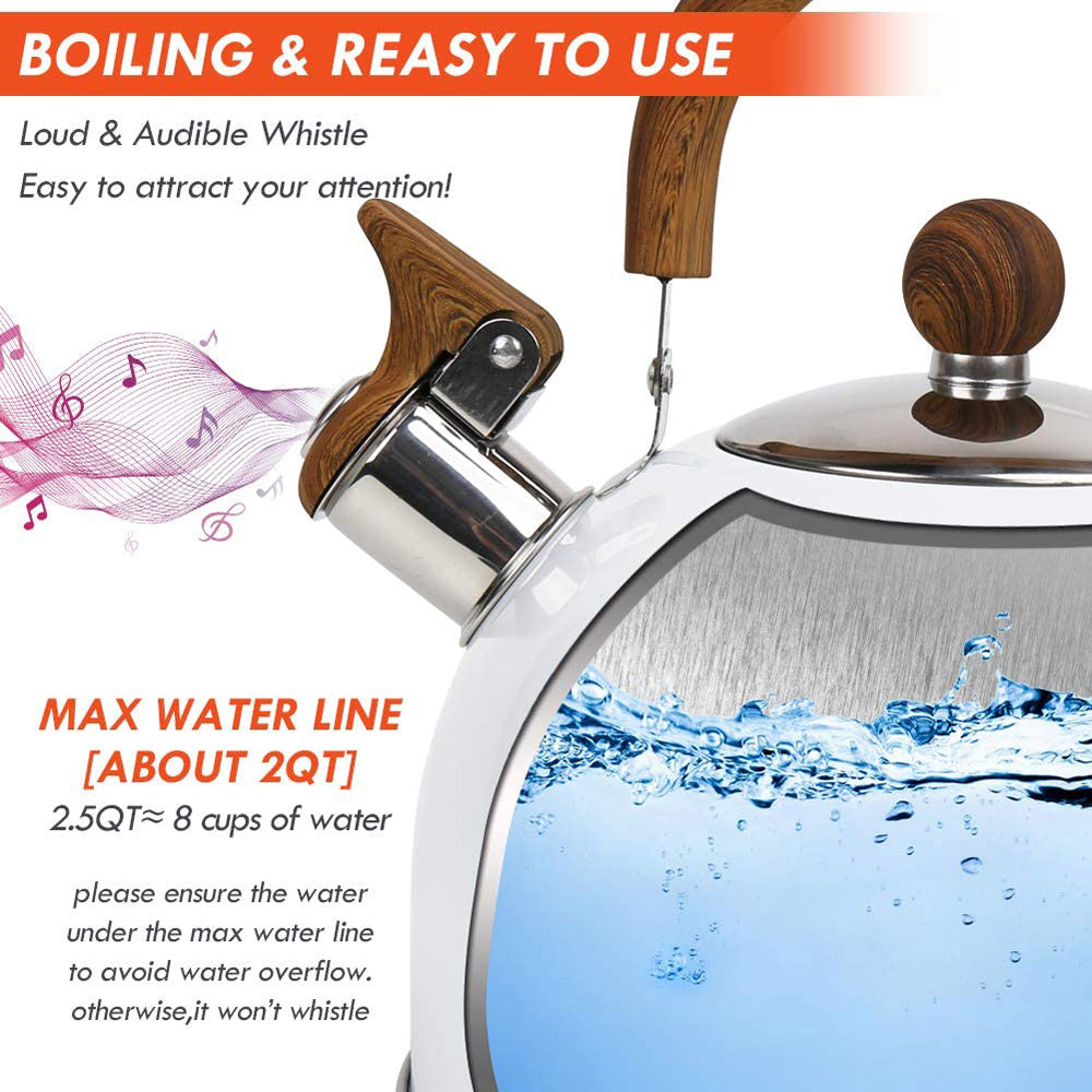 2.5 Liter Tea Whistling Kettle Stainless Steel Modern Whistling Tea Pot for Stovetop White V324-CS-HO-KE02025L-WH