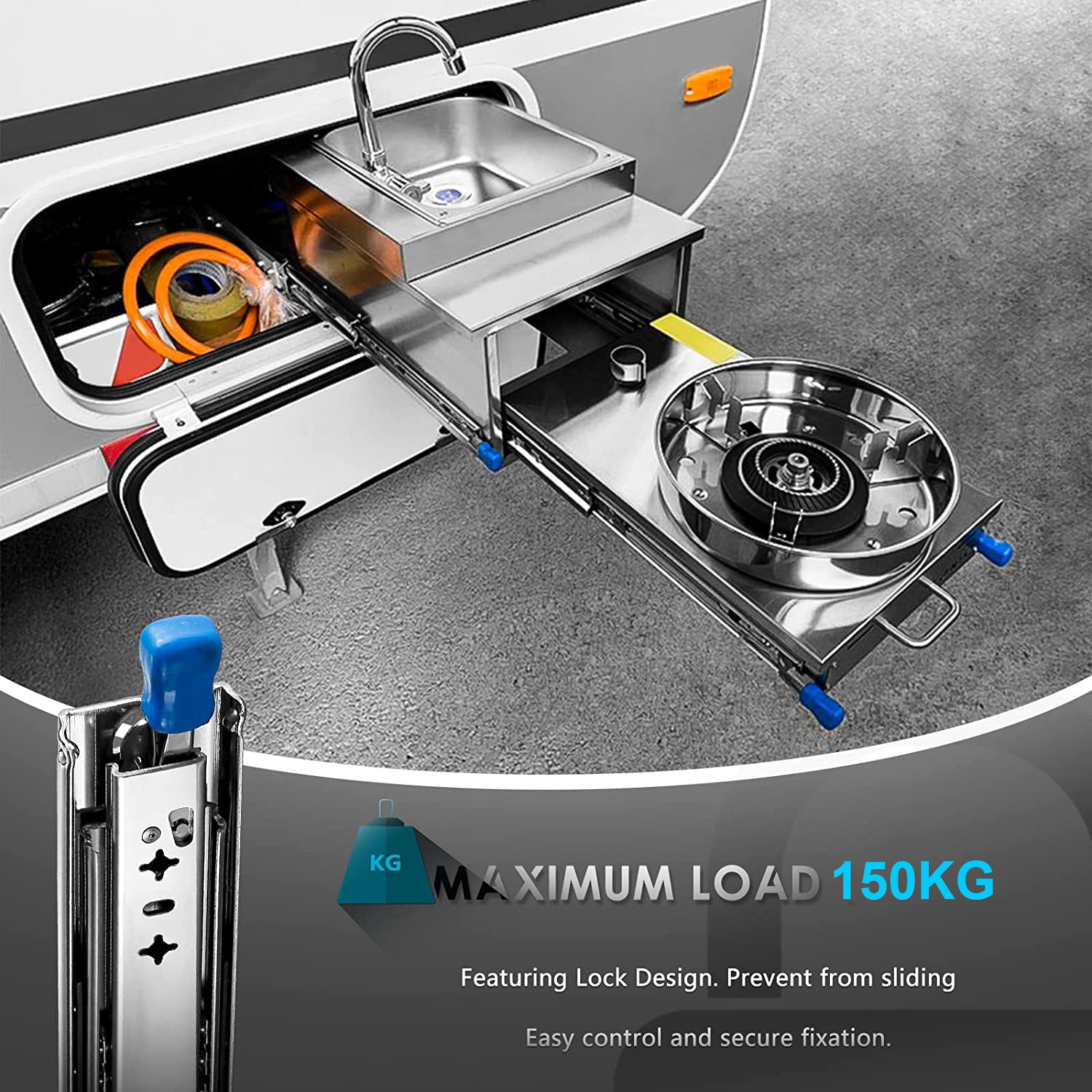 40in Pair 1000 - 2000mm 150KG Capacity Heavy Duty Trailer Drawer Slides Rails Runners Locking V324-CS-HODR40IN