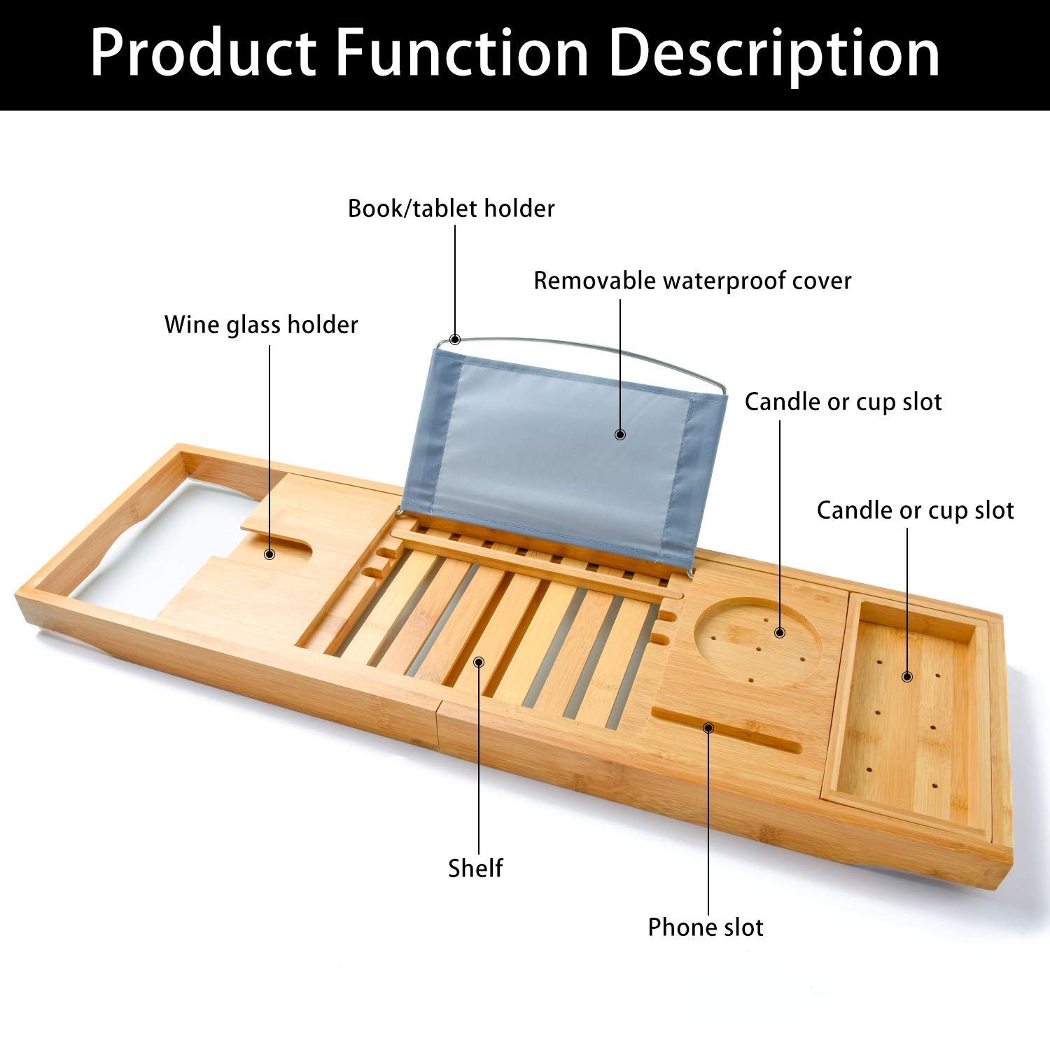 Bamboo Bathtub Bath tub Tray Table Caddy Tray Cellphone,Book,Tray Wineglass Holder V324-CS-TUBHOLD