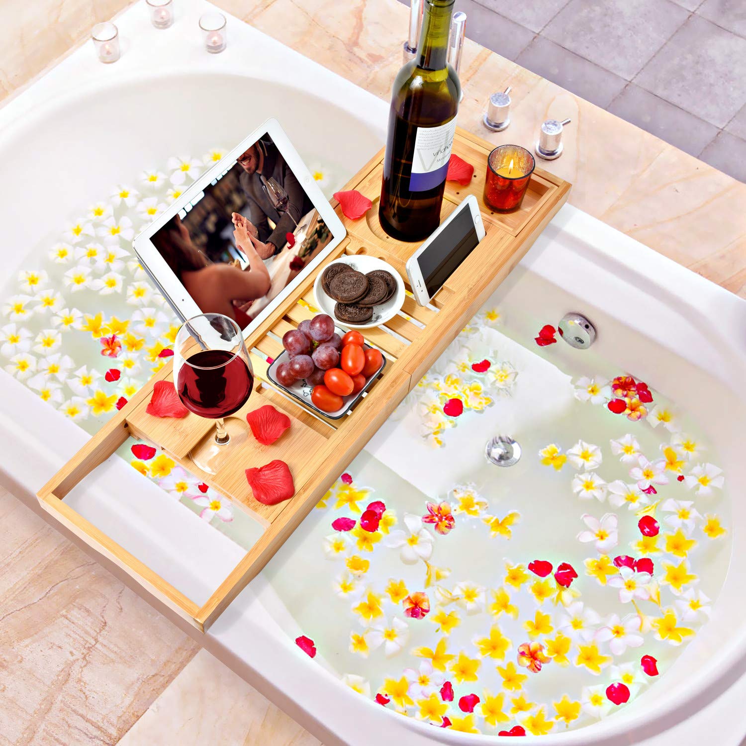 Bamboo Bathtub Bath tub Tray Table Caddy Tray Cellphone,Book,Tray Wineglass Holder V324-CS-TUBHOLD