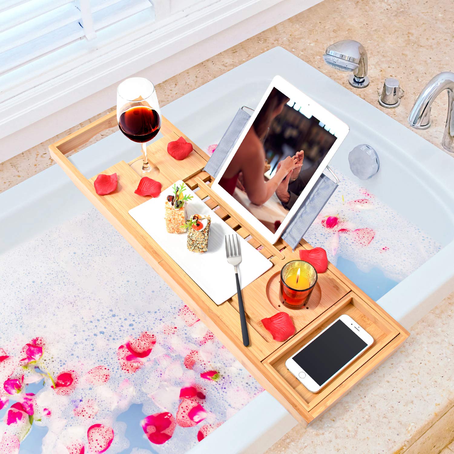 Bamboo Bathtub Bath tub Tray Table Caddy Tray Cellphone,Book,Tray Wineglass Holder V324-CS-TUBHOLD