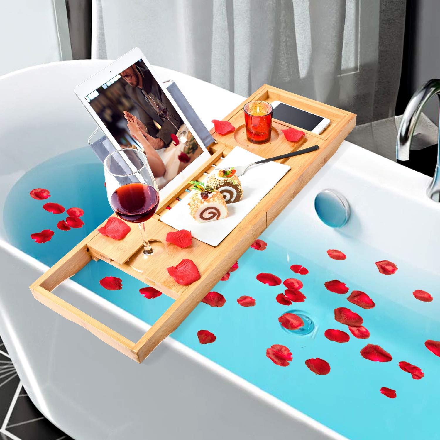 Bamboo Bathtub Bath tub Tray Table Caddy Tray Cellphone,Book,Tray Wineglass Holder V324-CS-TUBHOLD
