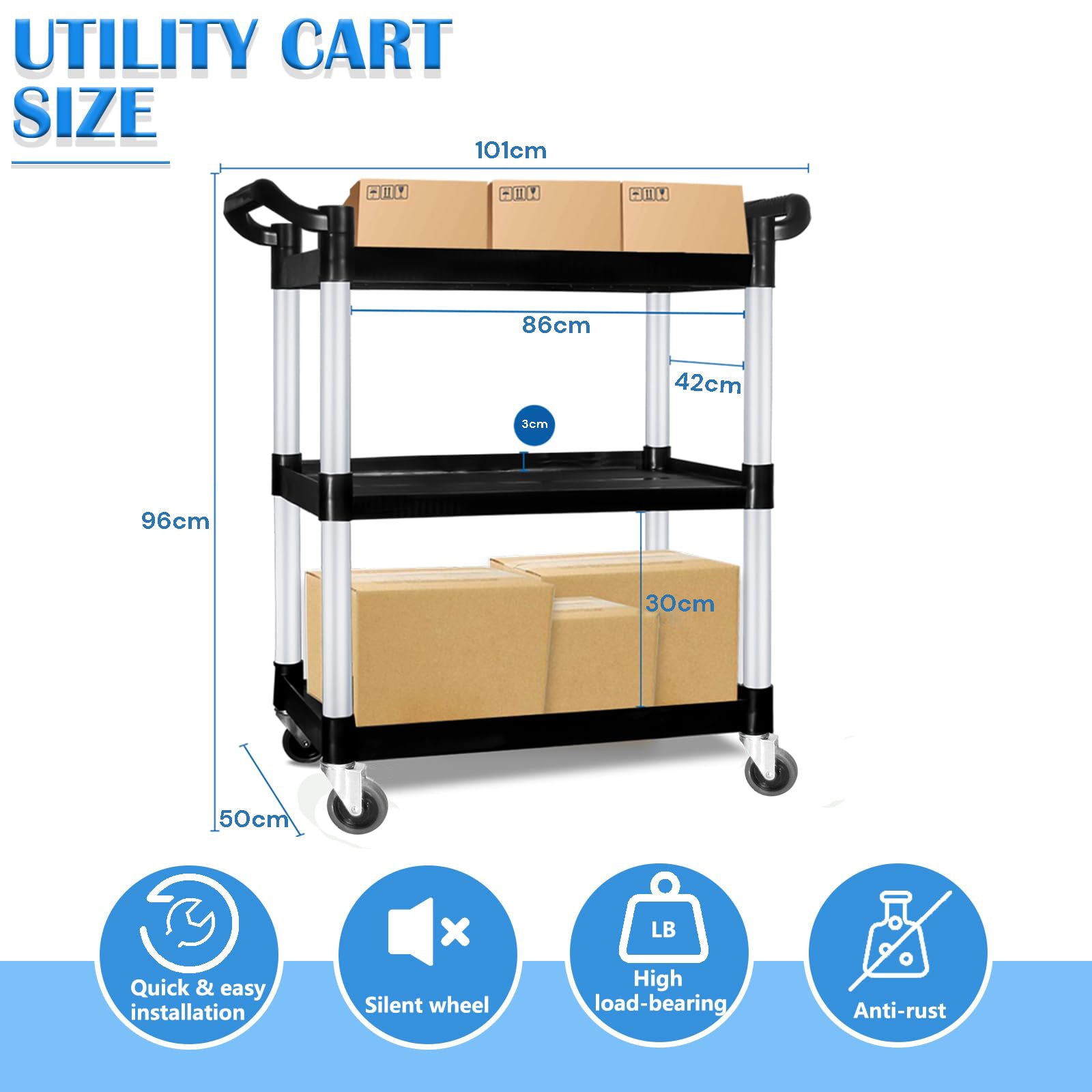 3 Tier Large Service Food Cart Restaurant Trolley Utility Cart Kitchen Catering Shelf Storage V324-CS-YL-328A-RT