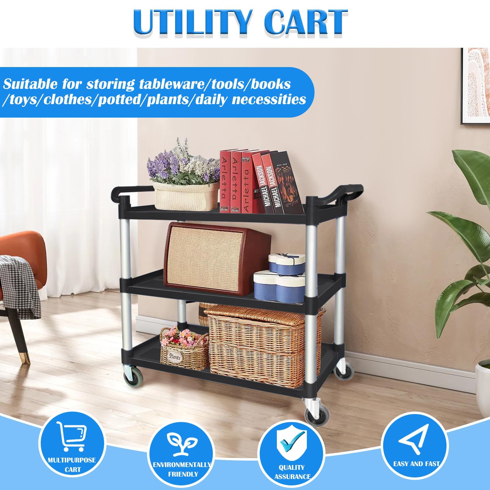 3 Tier Large Service Food Cart Restaurant Trolley Utility Cart Kitchen Catering Shelf Storage V324-CS-YL-328A-RT
