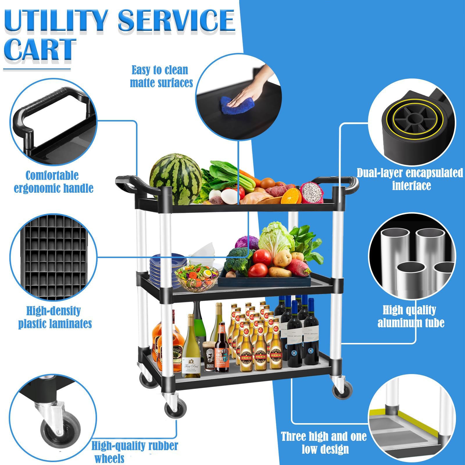 3 Tier Large Service Food Cart Restaurant Trolley Utility Cart Kitchen Catering Shelf Storage V324-CS-YL-328A-RT