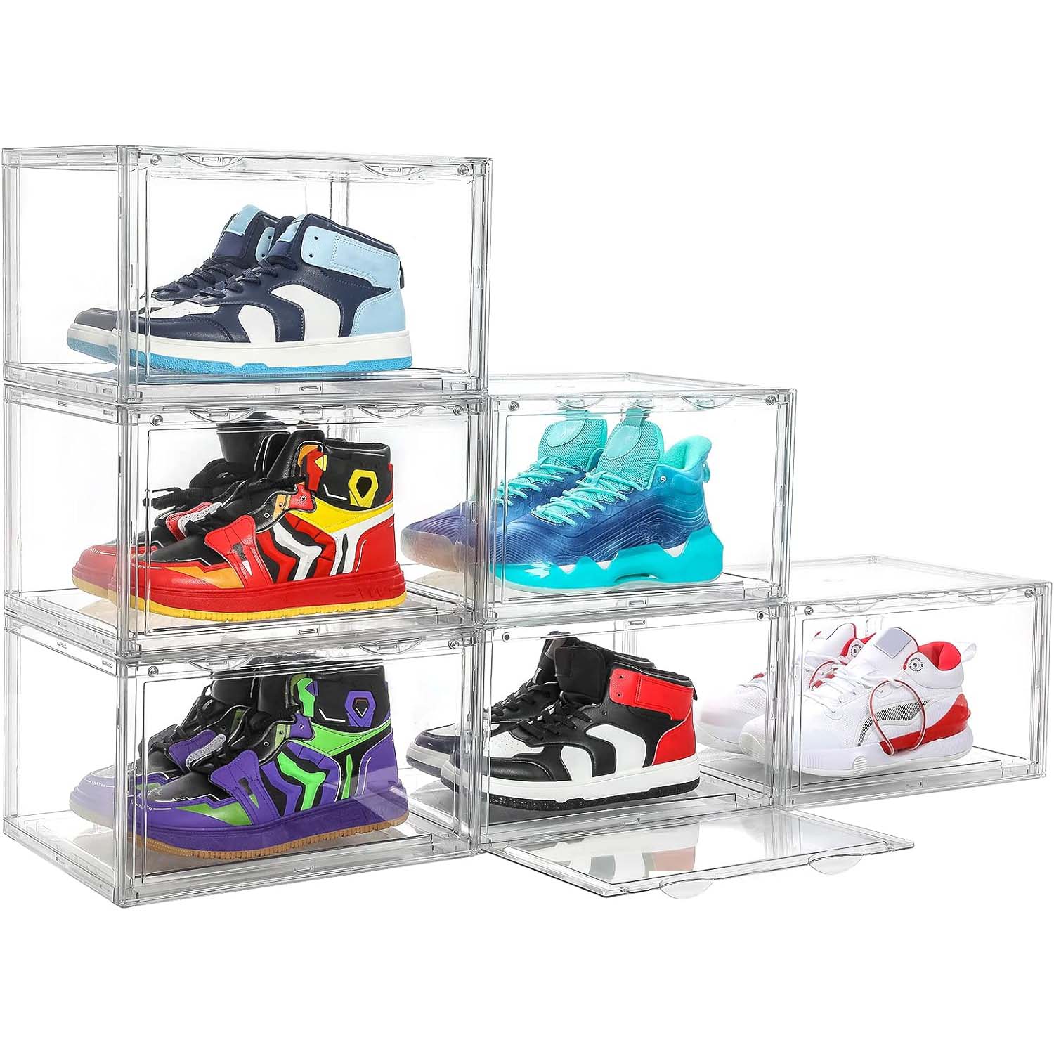 6 Pack Large Acrylic Shoe Box Storage Side Door Open Stackable Boxes Transparent Clear Display Case V324-CS2-6XARCSHOEBOX