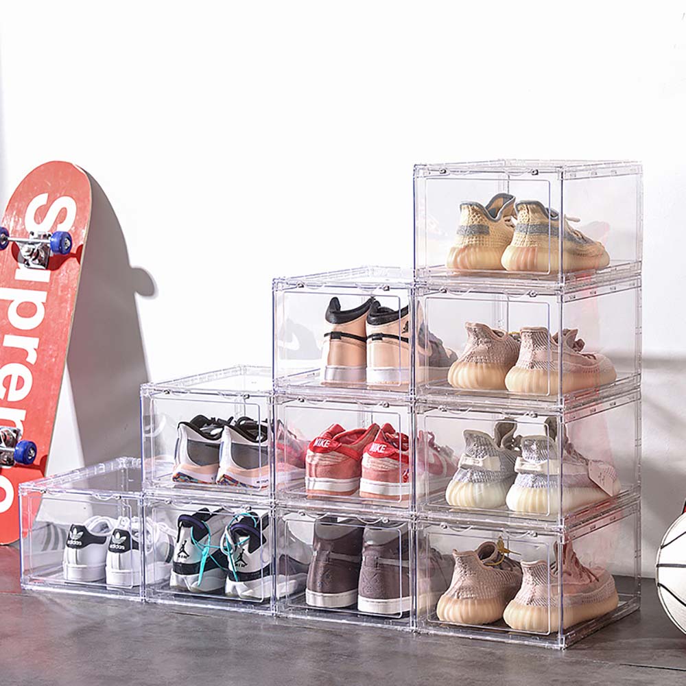 6 Pack Large Acrylic Shoe Box Storage Side Door Open Stackable Boxes Transparent Clear Display Case V324-CS2-6XARCSHOEBOX
