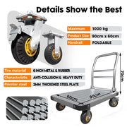 1000KG Capacity Heavy Duty Foldable Platform Truck Flatbed Push Cart Steel Dolly Trolley Cart Brake V324-CS2-PLATFTROLLEY9060