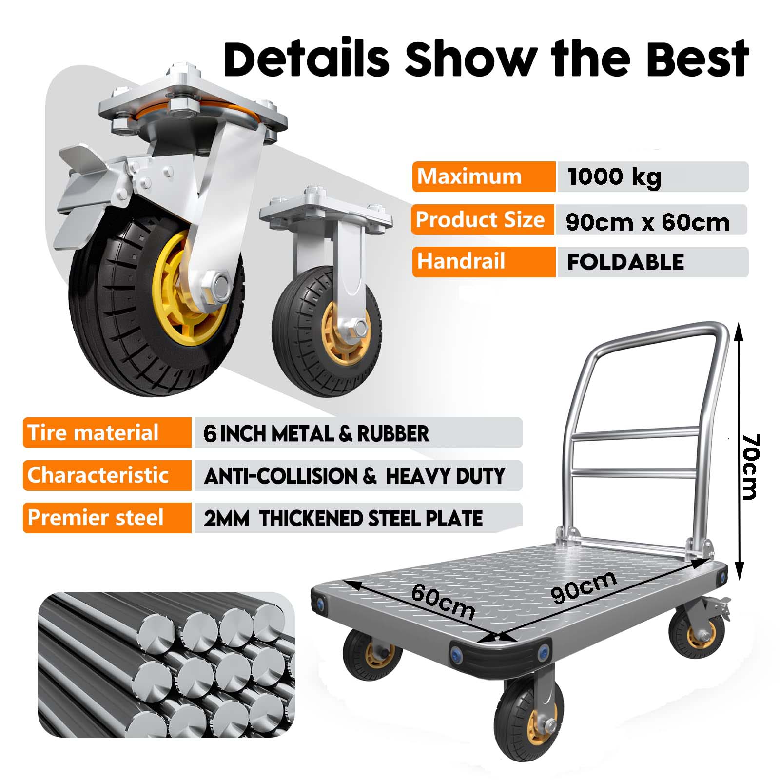 1000KG Capacity Heavy Duty Foldable Platform Truck Flatbed Push Cart Steel Dolly Trolley Cart Brake V324-CS2-PLATFTROLLEY9060