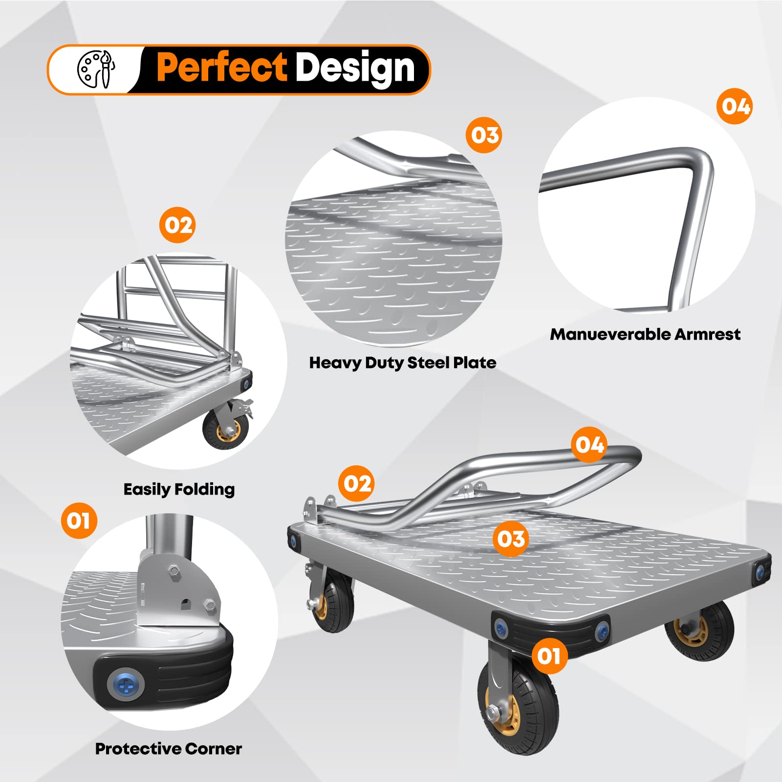 1000KG Capacity Heavy Duty Foldable Platform Truck Flatbed Push Cart Steel Dolly Trolley Cart Brake V324-CS2-PLATFTROLLEY9060